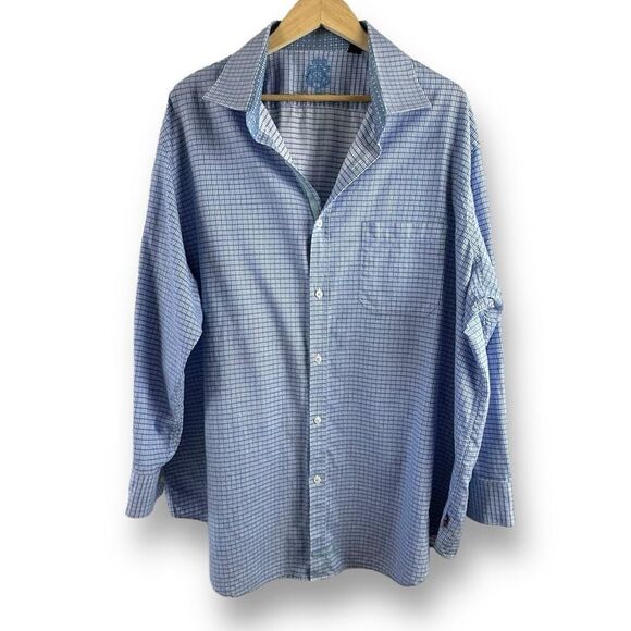 English Cotton Men's Size 19 Dress Shirt Blue Checkered Line Pattern 100% Cotton - Picture 1 of 8